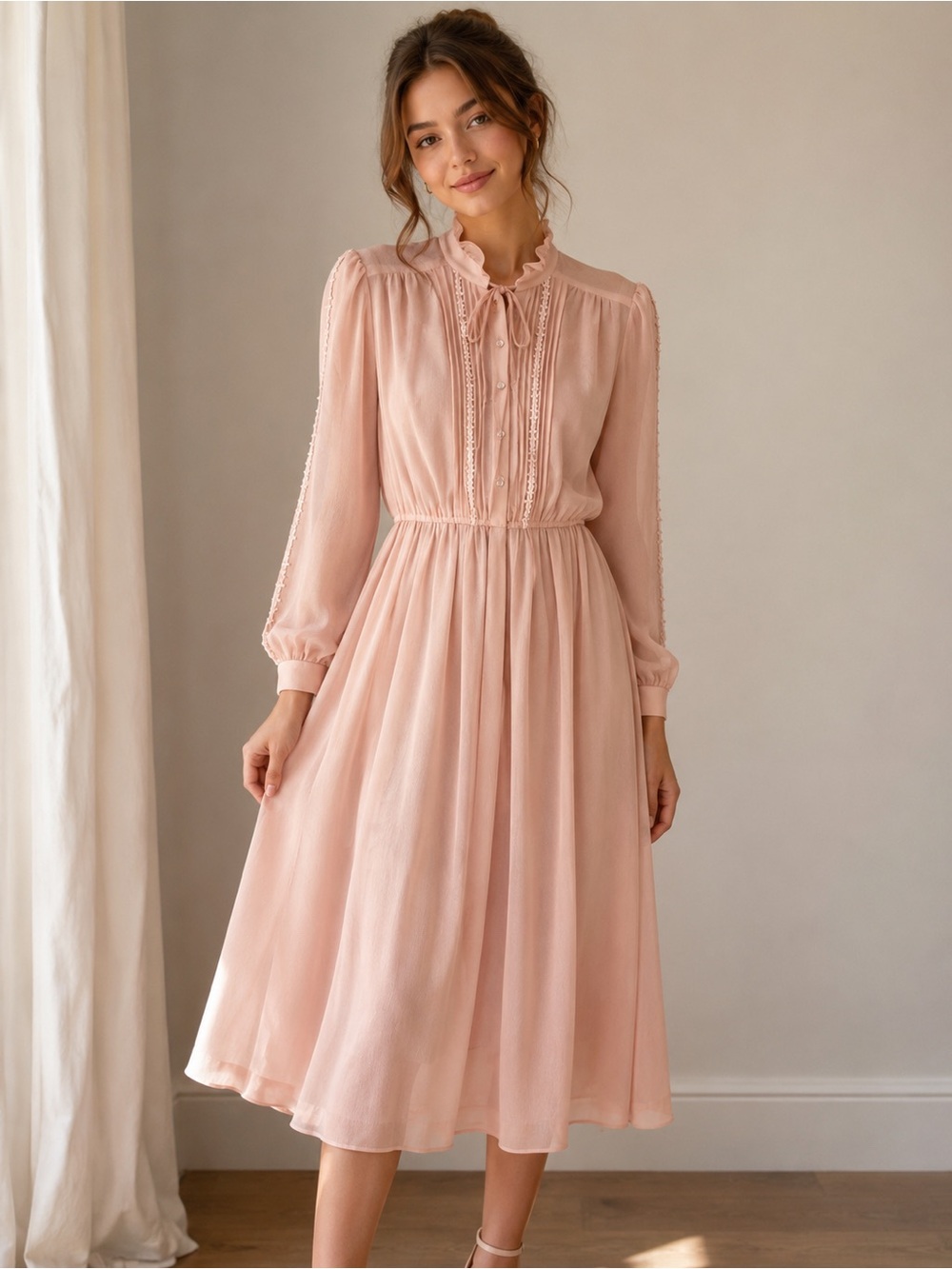 Vintage Blush Pink Long Sleeve Prairie Sheer Chiffon Coquette Midi Dress 10